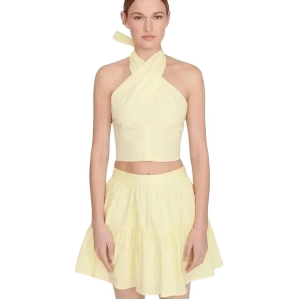 New STAUD Tiered‎ Cotton Sea Mini Skirt Sunray Pale Yellow $175